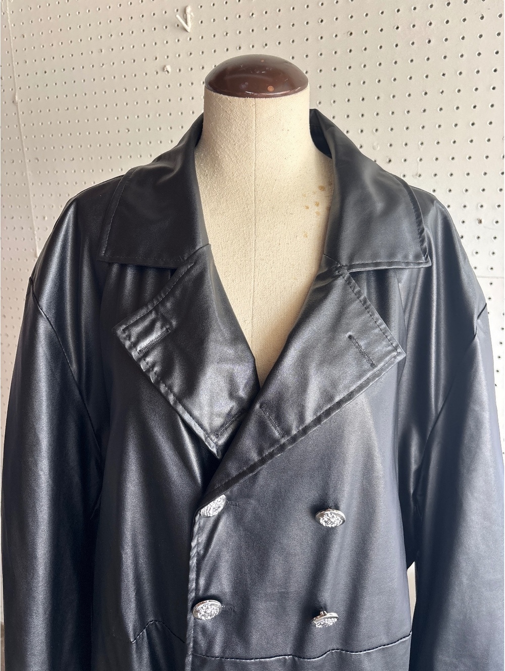Black Faux Leather Double-Breasted Long Trench Coat 4XL